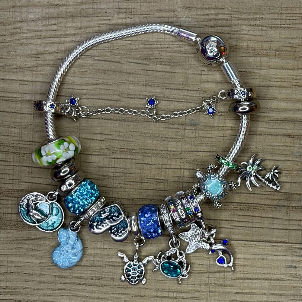 Pandora Bracelet Silver 925 Ale. Marine charms in play + Pandora bag.
